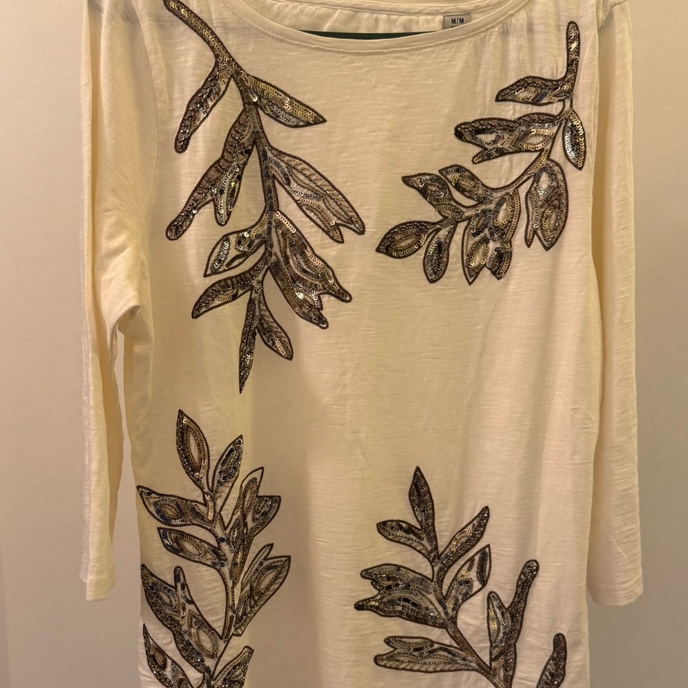 Tommy Bahama Forever Fronds Sequin Embellished Cream Top 100% Organic Cotton - Picture 6 of 10